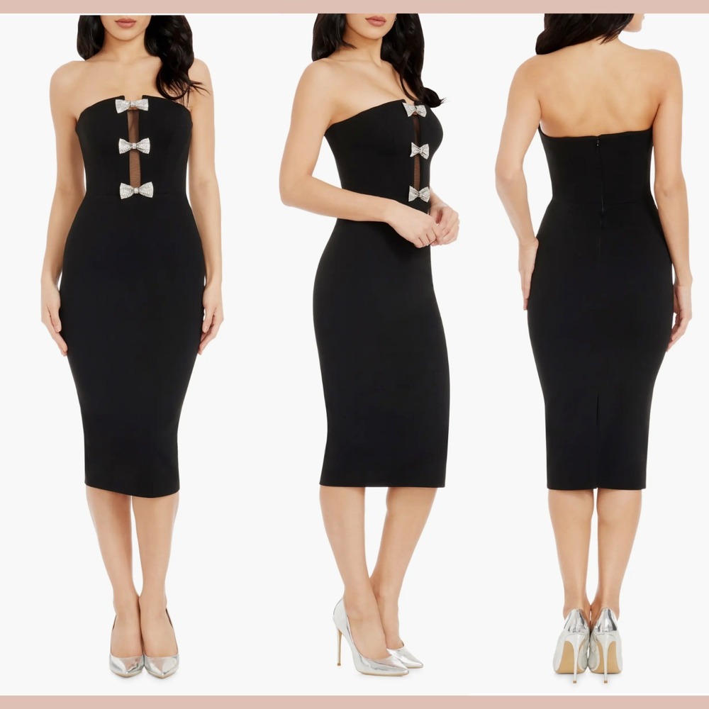 NEW Dress the Population [ Medium ] Erica Crystal Bow Strapless Midi Dress J2129